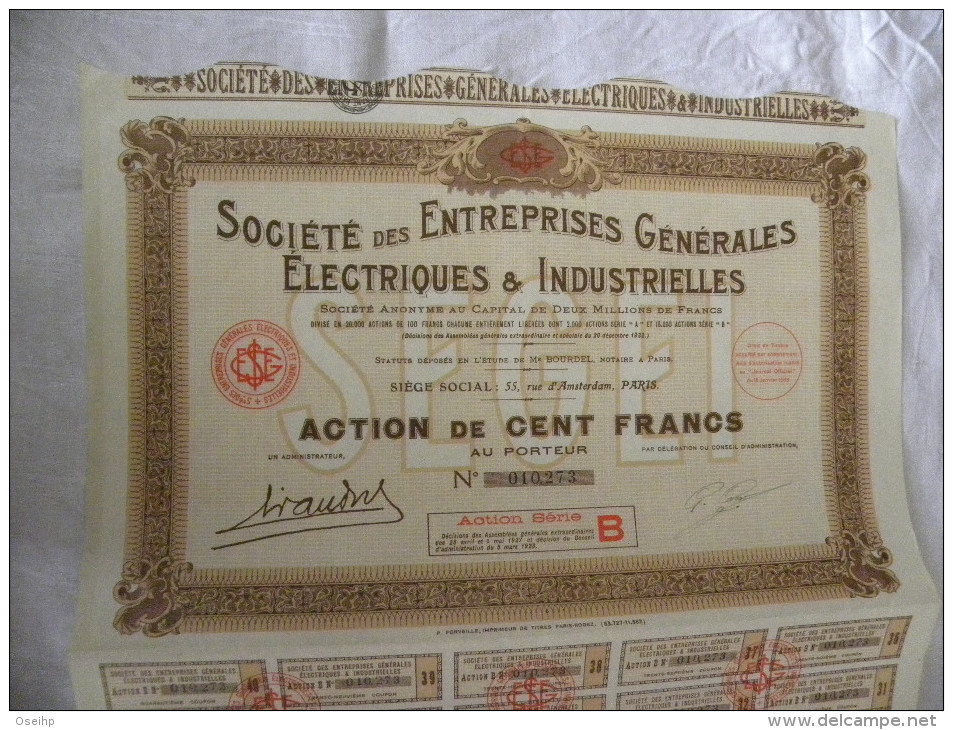 Titre Société Des ENTREPRISES Générales ELECTRIQUES & INDUSTRIELLES  Action 100 Francs Au Porteur 34 Coupons Electricité - Electricidad & Gas