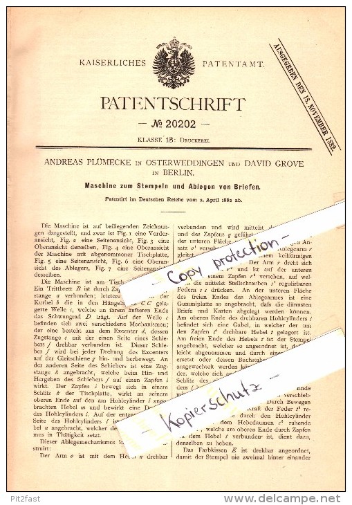 Original Patent - Andreas Plümecke In Osterweddingen B. Sülzetal ,1882, Maschine Zum Stempeln Von Briefen , Post , Brief - Tools