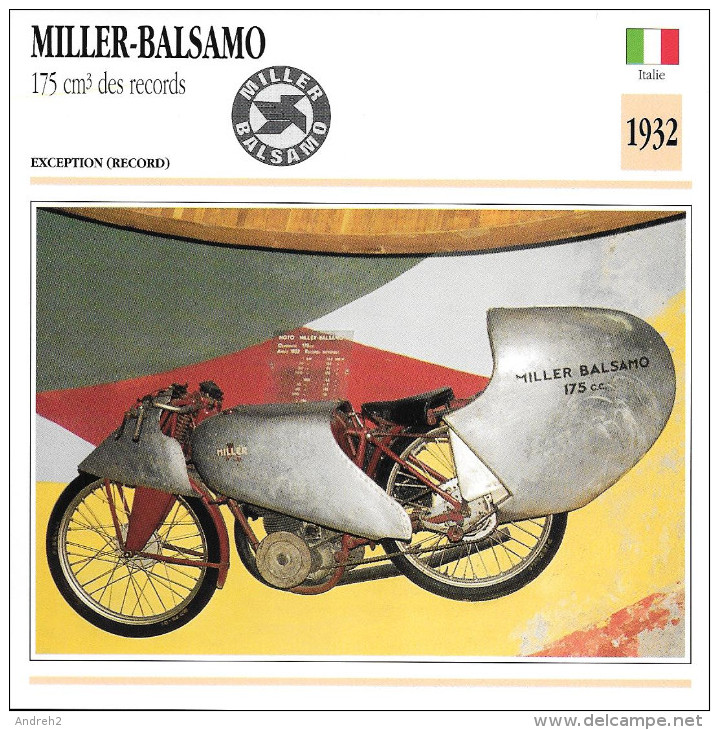 1932 - FICHE TECHNIQUE MOTO - DÉTAIL COMPLET À L´ENDOS - MILLER BALSAMO 175 Cm3 DES RECORDS - EXCEPTION - ITALIE - Motor Bikes