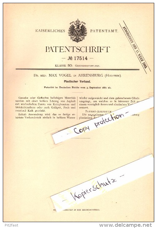 Original Patent - Dr.med. Max Vogel In Ahrensburg , Holstein , 1881 , Plastischer Verband , Arzt , Krankenhaus !!! - Ahrensburg