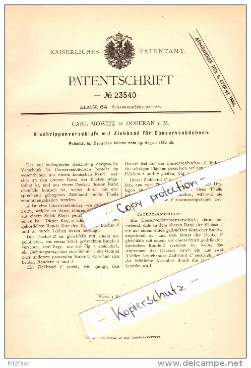 Original Patent - Carl Mowitz In Bad Doberan I. Mecklenburg , 1882 , Blechrippenverschluß Für Conservenbüchsen !!! - Bad Doberan