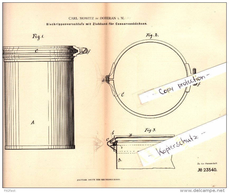 Original Patent - Carl Mowitz In Bad Doberan I. Mecklenburg , 1882 , Blechrippenverschluß Für Conservenbüchsen !!! - Bad Doberan