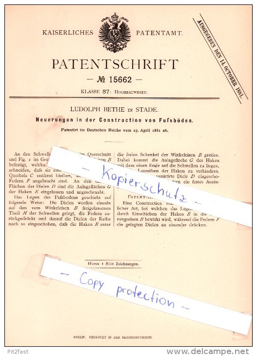 Original Patent - Ludolph Bethe In Stade , 1881 , Construktion Von Fußböden !!! - Stade