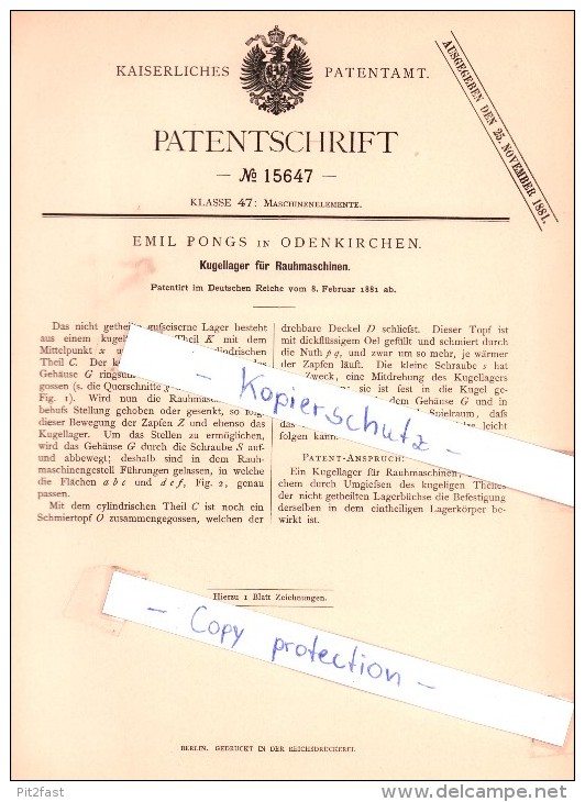 Original Patent -  Emil Pongs In Odenkirchen , 1881 , Kugellager Für Rauhmaschinen , Mönchengladbach !!! - Moenchengladbach