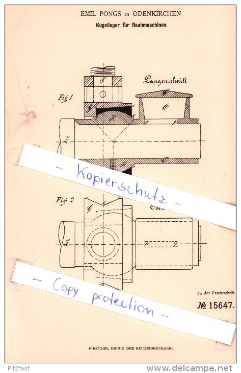 Original Patent -  Emil Pongs In Odenkirchen , 1881 , Kugellager Für Rauhmaschinen , Mönchengladbach !!! - Moenchengladbach