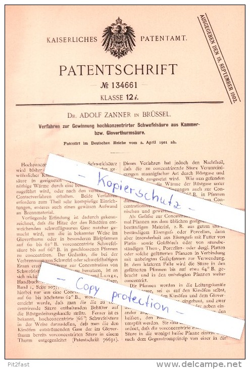 Original Patent - Dr. Adolf Zanner In Brüssel , 1901 , Gewinnung Von Schwefelsäure , Bruxelles !!! - Personnages Célèbres