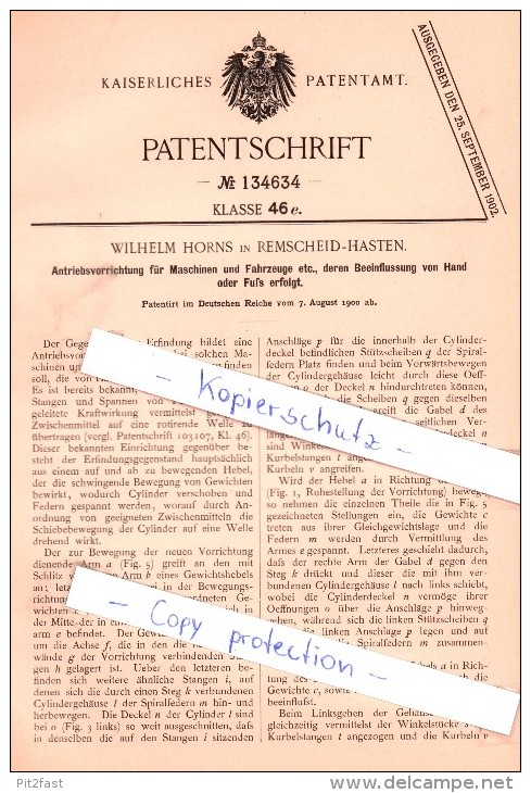 Original Patent - W. Horns In Remscheid-Hasten , 1900 ,  Antriebsvorrichtung Für Maschinen  !!! - Remscheid