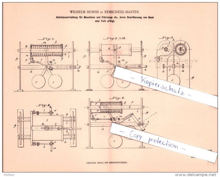 Original Patent - W. Horns In Remscheid-Hasten , 1900 ,  Antriebsvorrichtung Für Maschinen  !!! - Remscheid