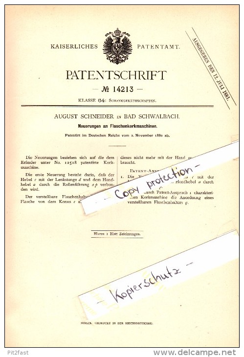 Original Patent - August Schneider In Bad Schwalbach , 1880 , Flaschenkorkmaschine !!! - Bad Schwalbach