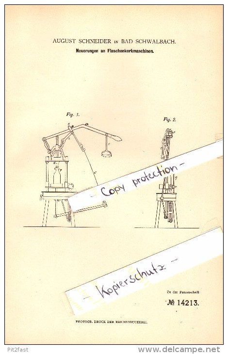 Original Patent - August Schneider In Bad Schwalbach , 1880 , Flaschenkorkmaschine !!! - Bad Schwalbach