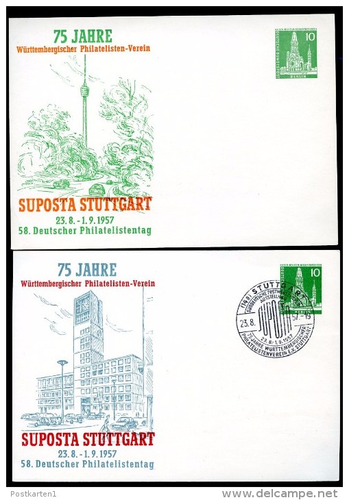 BERLIN PP18 D2/001a+b Privat-Postkarten BAUWERKE SÜPOSTA STUTTGART **/Sost. 1957  NGK 25,00 € - Private Postcards - Mint