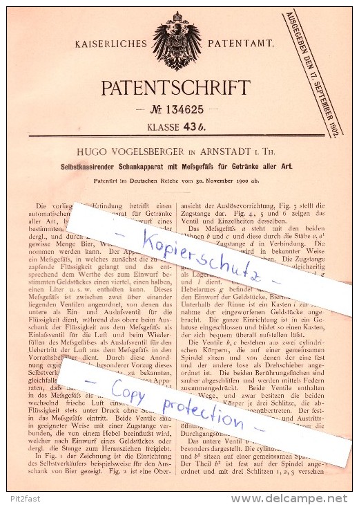 Original Patent - Hugo Vogelsberger In Arnstadt I. Th. , 1900 , Selbstkassierender Schankapparat  !!! - Arnstadt