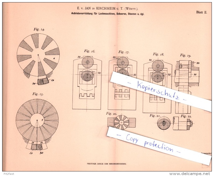 Original Patent - E. V. Jan In Kirchheim Unter Teck , Württ. , 1901 , Antriebsvorrichtung Für Lochmaschinen !!! - Kirchheim