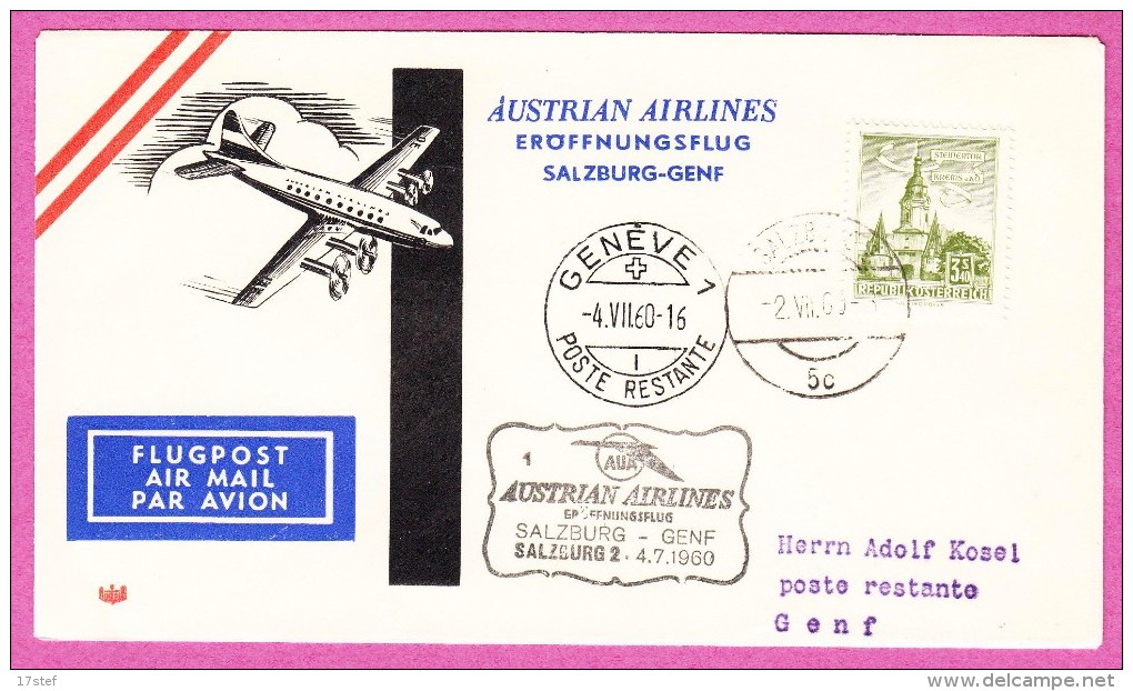 AUTRICHE AUSTRIA OSTERREICH - 1960  Erstflug Premier Vol First Flight Salsburg Salzbourg Genf Geneve Geneva - Premiers Vols