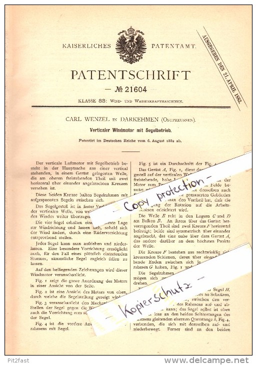 Original Patent - Carl Wenzel In Darkehmen , Ostpreussen , 1882 , Windmotor Mit Segelbetrieb , Osjorsk !!! - Ostpreussen