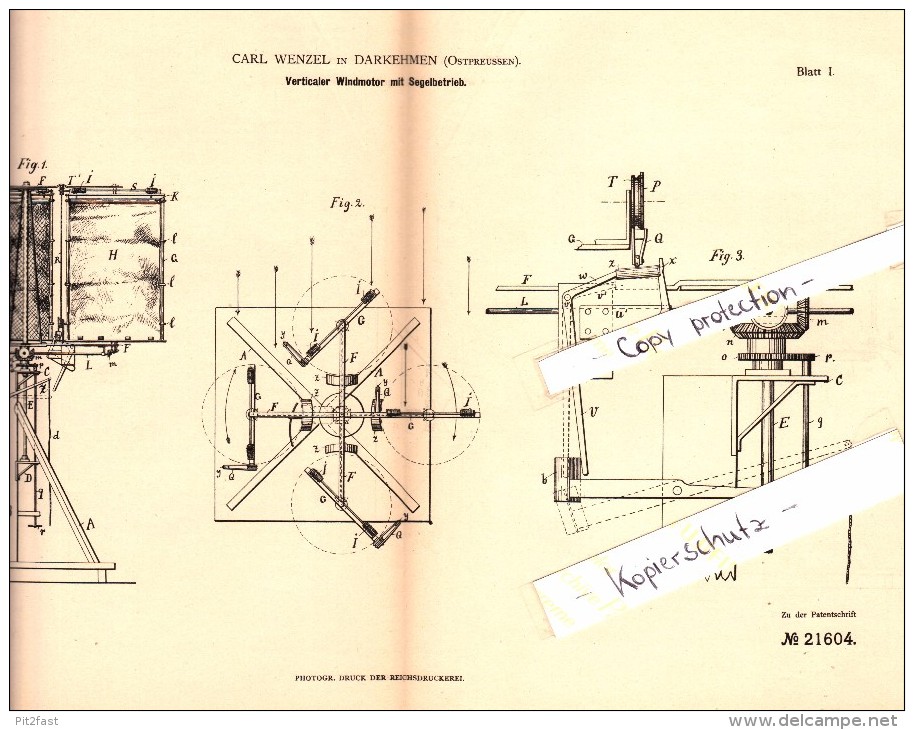 Original Patent - Carl Wenzel In Darkehmen , Ostpreussen , 1882 , Windmotor Mit Segelbetrieb , Osjorsk !!! - Ostpreussen