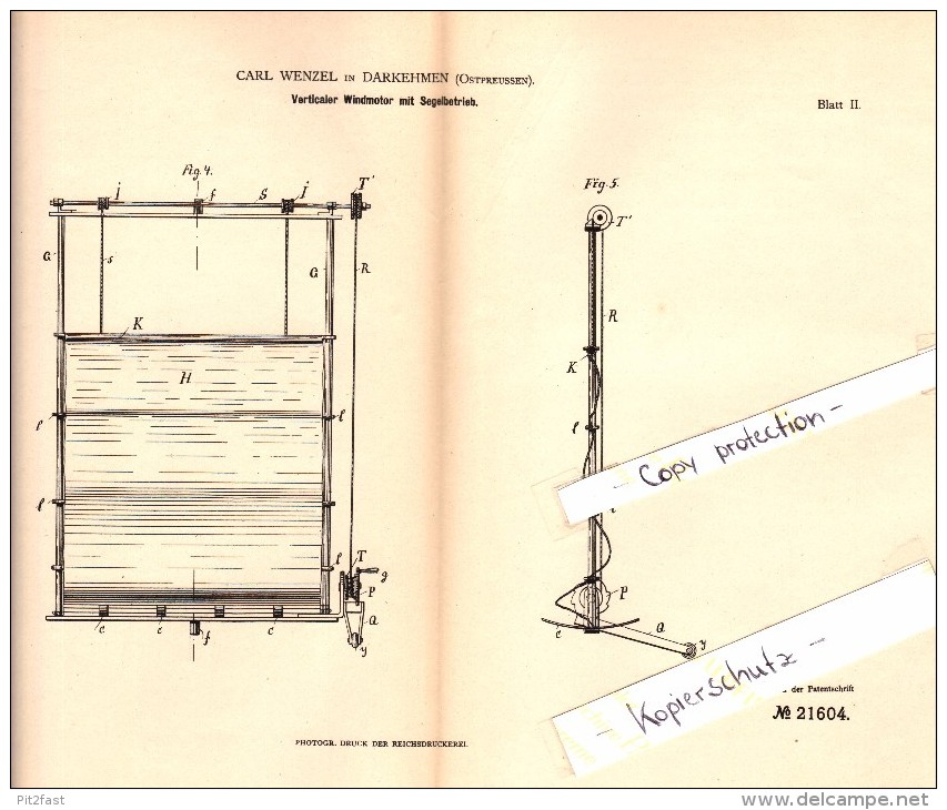 Original Patent - Carl Wenzel In Darkehmen , Ostpreussen , 1882 , Windmotor Mit Segelbetrieb , Osjorsk !!! - Ostpreussen