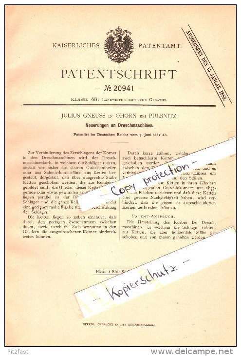 Original Patent - Julius Gneuss In Ohorn B. Pulsnitz , 1882 , Dreschmaschine , Landwirtschaft !!! - Pulsnitz