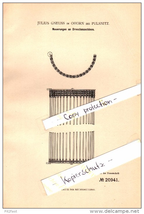 Original Patent - Julius Gneuss In Ohorn B. Pulsnitz , 1882 , Dreschmaschine , Landwirtschaft !!! - Pulsnitz