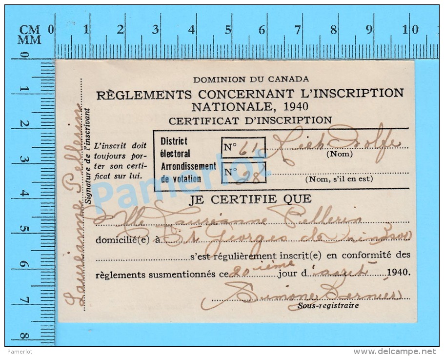 Canada Pré-conscription ( Certificat D'inscription, 20 Aout 1940, Mlle Laureanne Pellerin St-Georges, Quebec )Recto/Vers - Documents