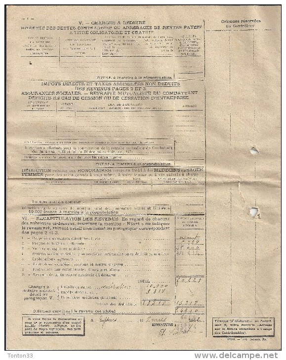 DECLARATION POUR L'IMPOT GENERAL De 1942 Sur Le Revenu De 1941 - Dept GIRONDE - 12 - - Non Classés