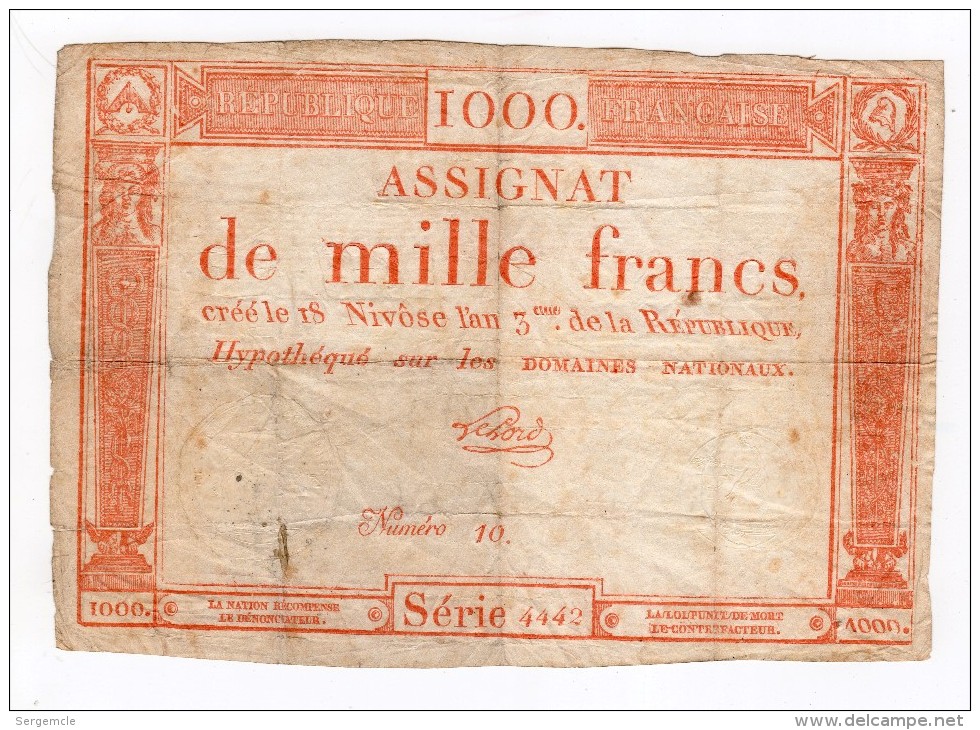 INTERESANT ASSIGNAT DE 1000 FRANCS ROUGE N° 10 - Assignats & Mandats Territoriaux