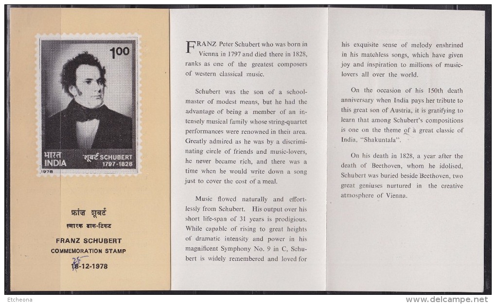 = Inde Encart 1er Jour Calcutta 25 12 78 N°575 Le 150è Anniversaire De La Mort De Schubert Compositeur Autrichien - FDC