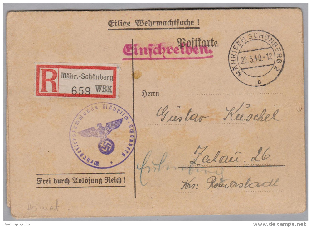 Heimat Tschechien Märisch-Schönberg (Sumperk) Einberufungsbefehl R-Eilige Wehrmachtsache - Lettres & Documents