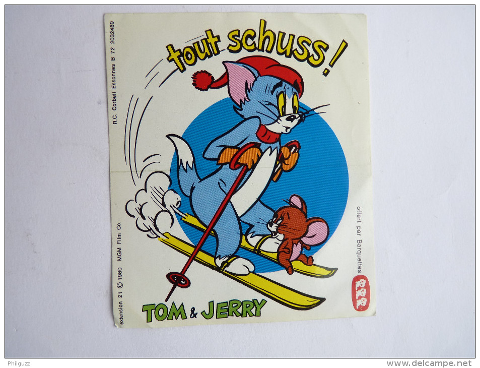 RARE AUTOCOLLANT TOM ET JERRY 1980   -pour BARQUETTES 3 CHATONS - Tout Schuss ! - Autocolantes