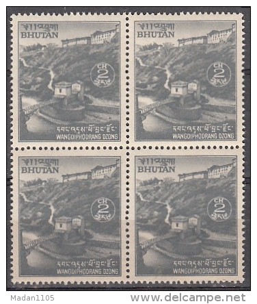 BHUTAN 1971, 1972,  Monastery, Wangdiphodrang Dzong & Bridge ,Definitive ,2ch Block Of 4(,MNH(**) - Abbayes & Monastères