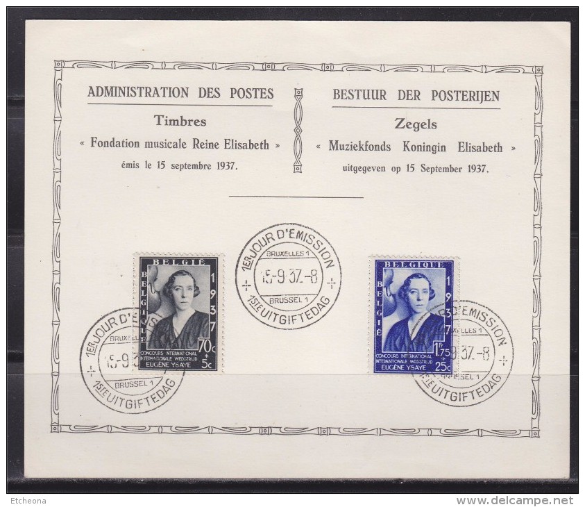 = Belgique Carte 1er Jour Bruxelles 15.9.37 Fondation Musicale Reine Elisabeth 2 Timbres - ....-1951