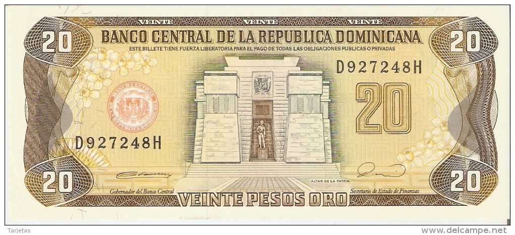 BILLETE DE REP. DOMINICANA DE 20 PESOS ORO DEL AÑO 1990 SERIE D (BANKNOTE) SIN CIRCULAR-UNCIRCULATED - República Dominicana