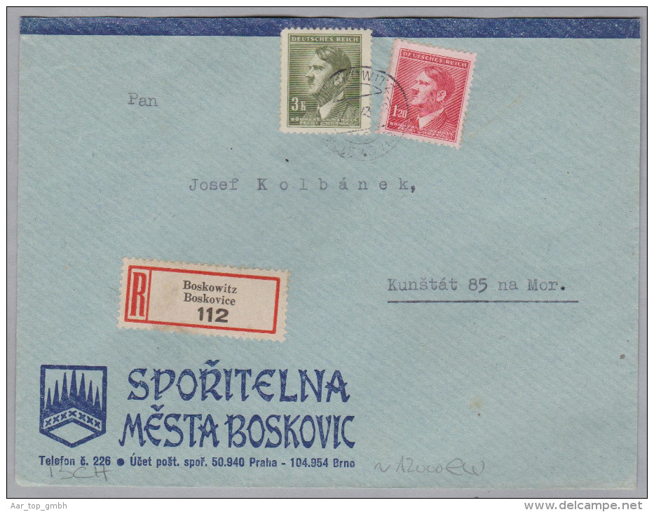 Heimat Tschechien BOSKOWITZ 1943-05-13 R-Brief Nach Kunstadt - Lettres & Documents