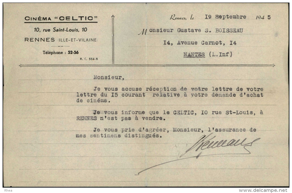 CINEMA - Lettre En Réponse à La Demande De Rachat Du Cinéma CELTIC De RENNES - 1945 - Non Classés