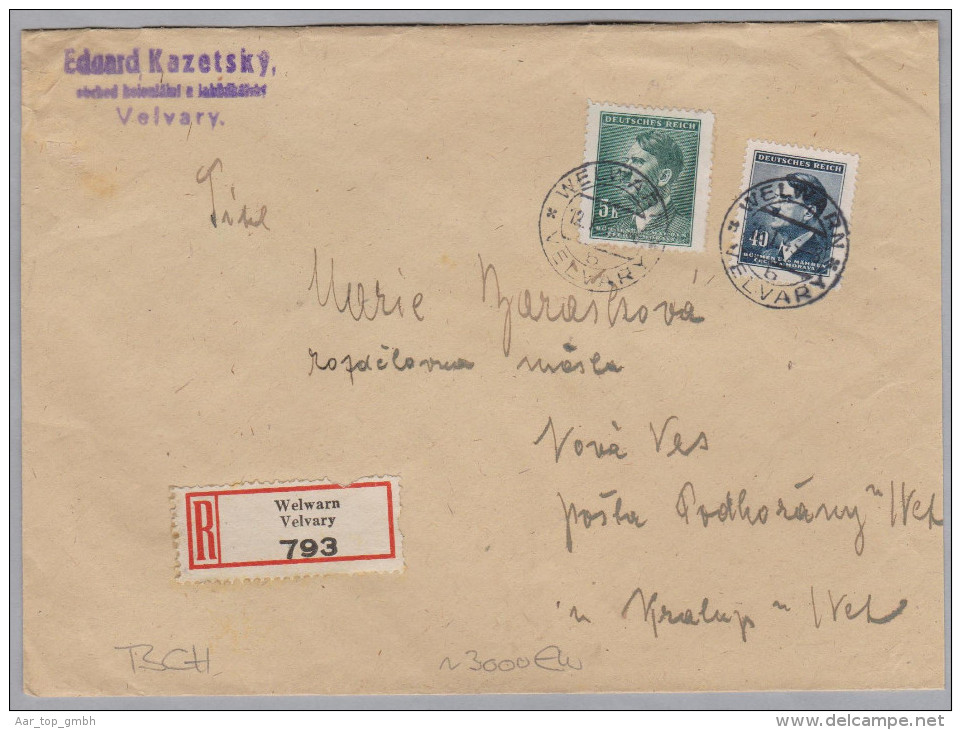 Heimat Tschechien VELVARY 1943-01-12 R-Brief - Lettres & Documents