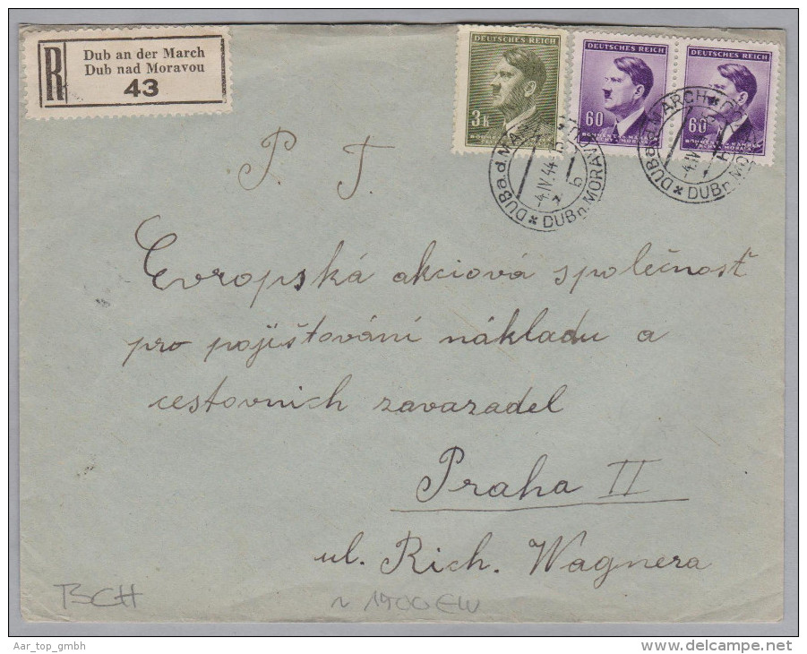 Heimat Tschechien DUB An Der MARCH 1944-04-04 R-Brief Nach Praha II - Storia Postale