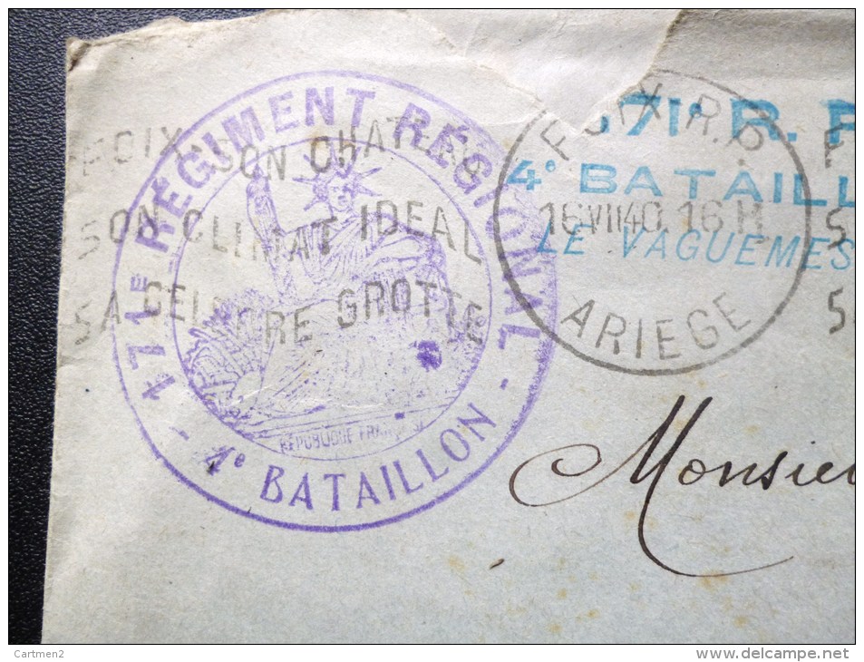 GUERRE 40 CACHET DU 171eme REGMENT REGIONAL 4eme BATAILLON FOIX ARIEGE - Guerre De 1939-45