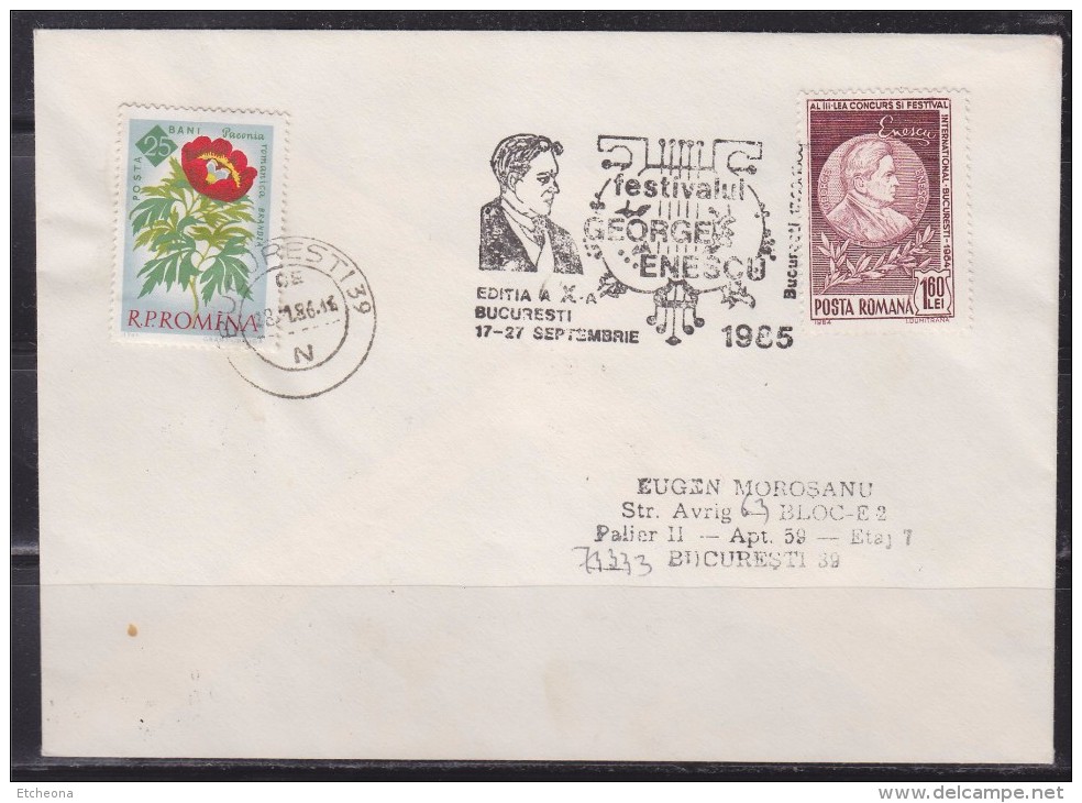 = Roumanie Festival Georges Enescu 2 Timbres Enveloppe Bucarest 17-27 Septembre 1985 - Marcophilie