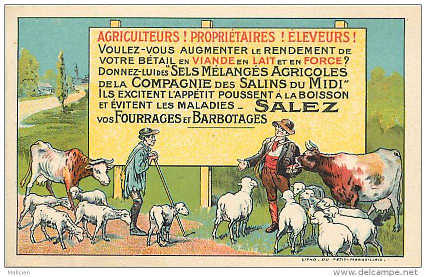 - Ref F70 -publicite -  Sels Melanges De La Compagnie Des Salins Du Midi - Vaches - Moutons - Carte Bon Etat - - Publicité