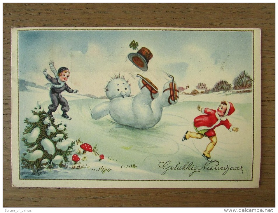 Cp/pk New Year Girl Boy Dresses Snowman Skating Vintage Belgium Rare 1948 - Nouvel An