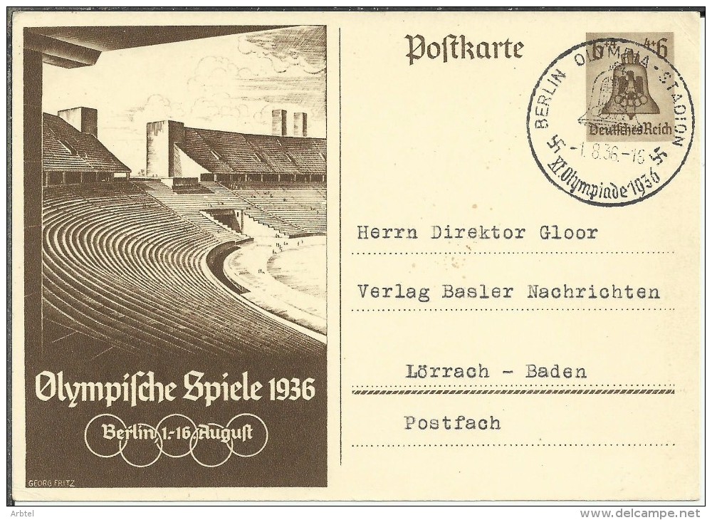 ALEMANIA ENTERO POSTAL Y MAT JUEGOS OLIMPICOS DE 1936 MAT ESTADIO OLIMPICO - Sommer 1936: Berlin