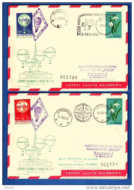 1963 Poland Polen Pologne: Ballonpost/ POZNAN SET OF 4 BALLOON FLIGHT COVERS.s. Scan - Ballonnen