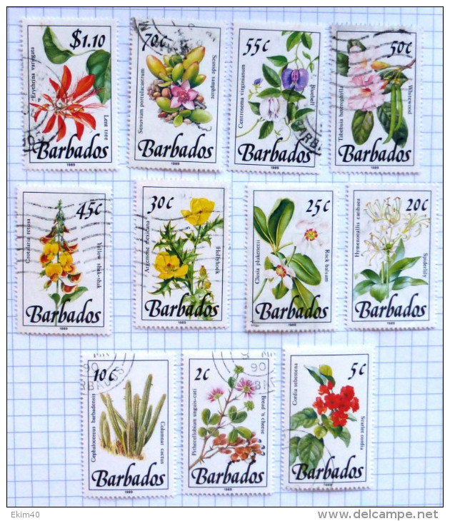 Selection Of 11 Used/cancelled Flower Stamps From Barbados Issued 1989 No DEL-1086 - Barbados (1966-...)