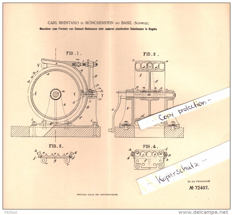 Original Patent - Carl Brentano In Münchenstein Bei Basel , 1893 , Maschine Zum Formen Von Cement-Rohmasse !!! - Other & Unclassified