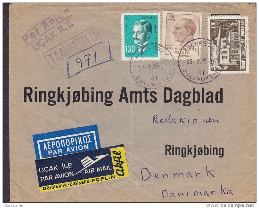 Turkey AKFIL Ucak Ile Airmail Par Avion Labels BAKANLIKLAR 1965 Cover Lettera To RINGKJØBING Denmark - Airmail