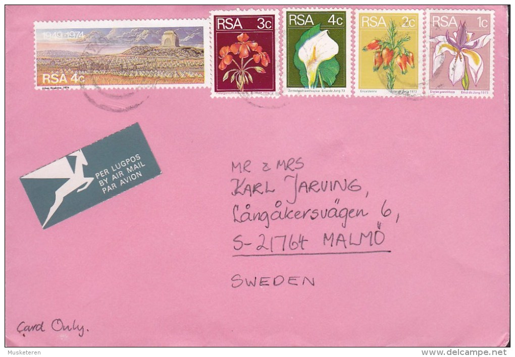 South Africa "Pegasus" Airmail Lugpos Par Avion Labels SWEETWATERS 1974? Cover Brief MALMÖ Sweden Orchids (2 Scans) - Aéreo