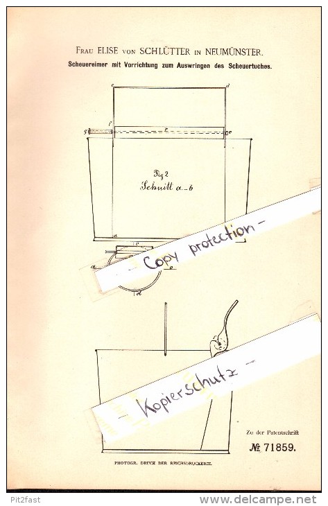 Original Patent - Elise Von Schlütter In Neumünster , 1893 , Scheuereimer Mit Auswringvorrichtung !!! - Neumünster