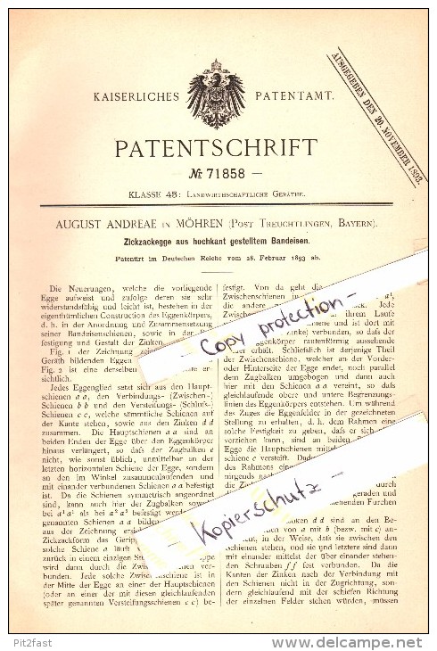 Original Patent - August Andreae In Möhren B. Treuchtlingen , 1893 , Zickzackegge , Landwirtschaft !!! - Sonstige & Ohne Zuordnung