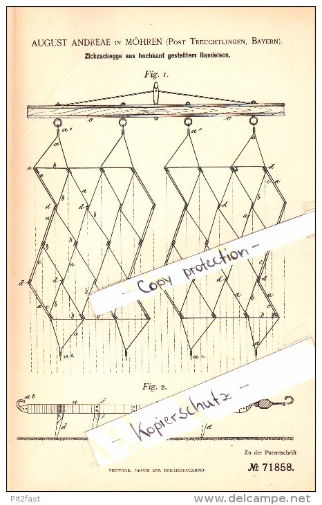 Original Patent - August Andreae In Möhren B. Treuchtlingen , 1893 , Zickzackegge , Landwirtschaft !!! - Sonstige & Ohne Zuordnung