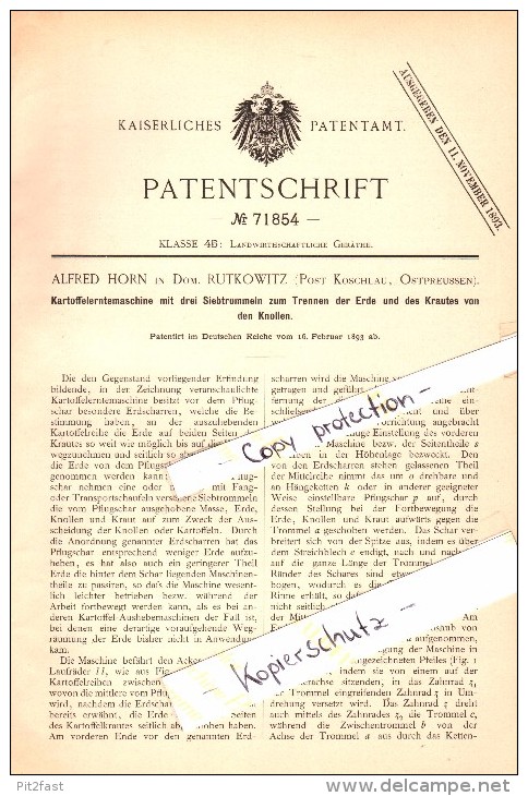 Original Patent - A. Horn In Domäne Rutkowitz B. Koschlau / Koszelewy , 1893 , Kartoffel-Erntemaschine , Rybno / Rübenau - Ostpreussen